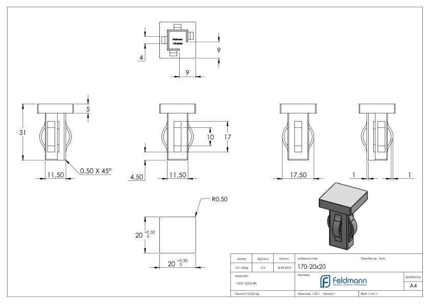 Stahleinschlagkappe, für Quadratrohr 20x20mm