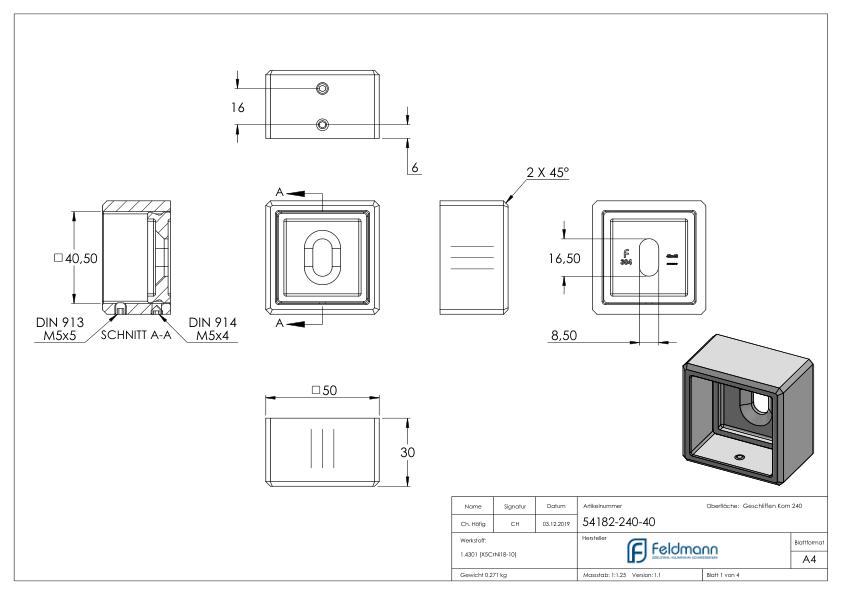 Wandbefestigung für Quadratrohr 40x40mm, V2A