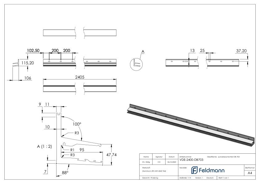 Vordachprofil eleganza canopy, L: 2405mm, DB703