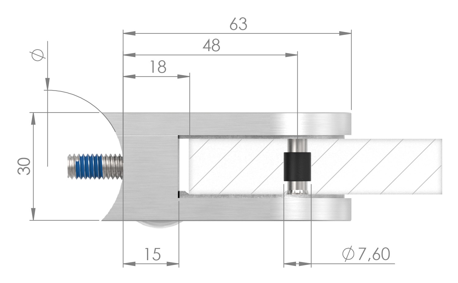 Glasklemme Mod. 33, Anschluss: 48,3mm, in V2A Glasklemme Mod. 33, Anschluss: 48,3mm, in V2A