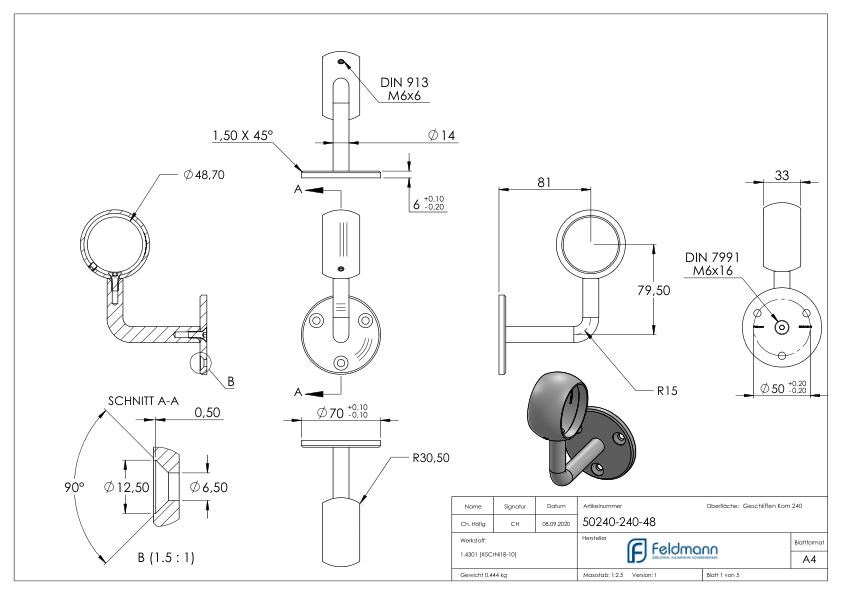 Handlaufhalter mit Kugelring für Rohr 48,3mm (Ronde und Bügel verschraubt), V2A