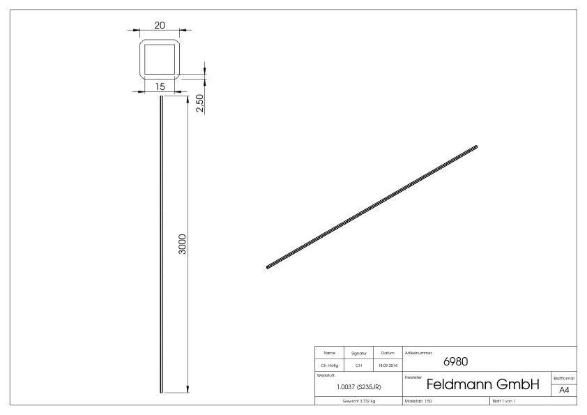 Quadratrohr 20x20x2,0mm, L: 3000mm, gehämmert