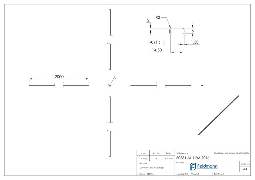 Kantenschutz EXTRA SLIM, für Glas 12,00 - 13,52mm, L: 2000mm, Aluminium RAL 7016