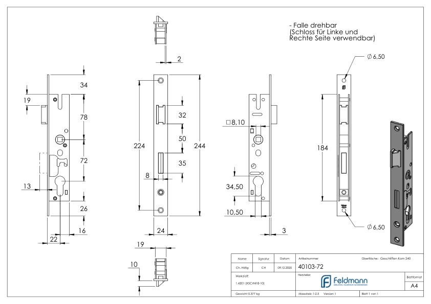 Rohrrahmenschloss verzinkt, Abstand 72 mm verzinkt, Dornmaß 22mm