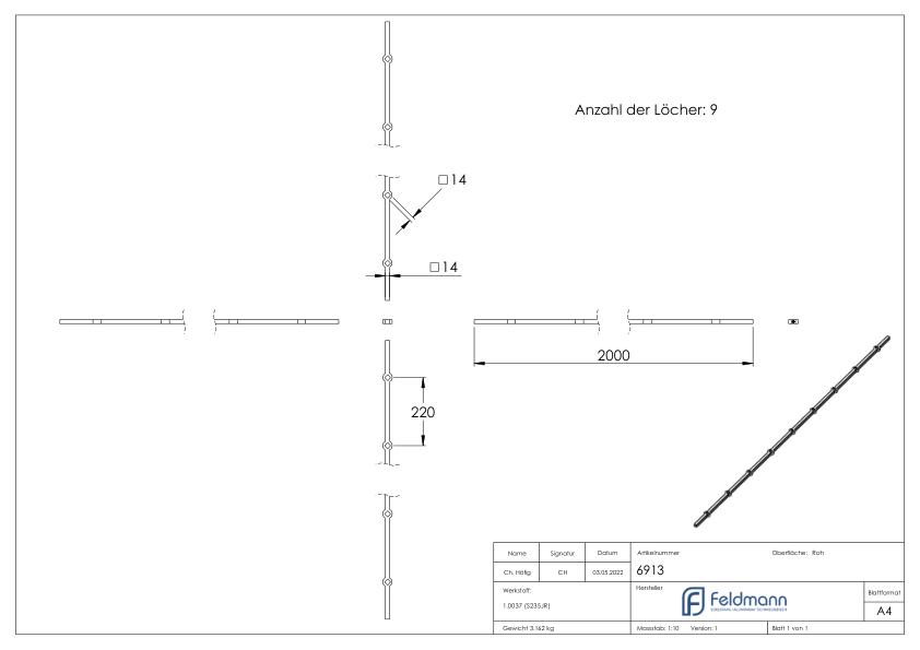 Lochleiste S235JR, 14x14mm, Lochabstand 220mm, 2000mm