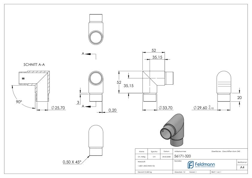 Eckstück 90°, für Rohr 33,7x2,0mm, V2A