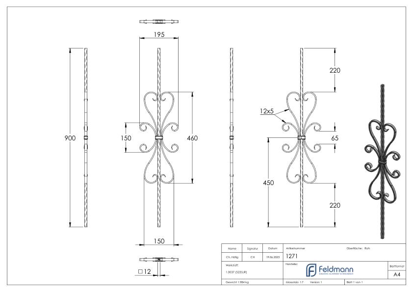 Zierstab 12x12mm, gehämmert, H: 900mm