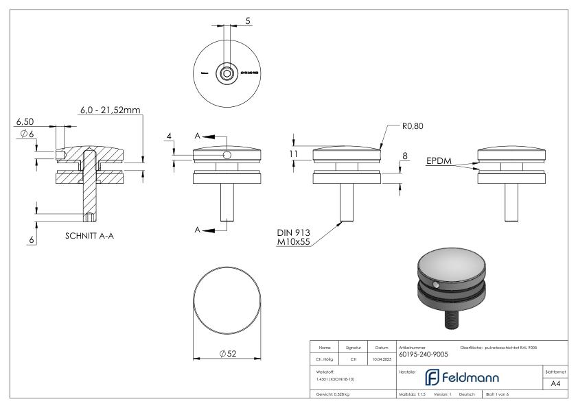 Glaspunkthalter 52mm, Anschluss: flach, V2A, pulverbeschichtet RAL 9005 schwarz matt Glaspunkthalter 52mm, Anschluss: flach, V2A, pulverbeschichtet RAL 9005 schwarz matt