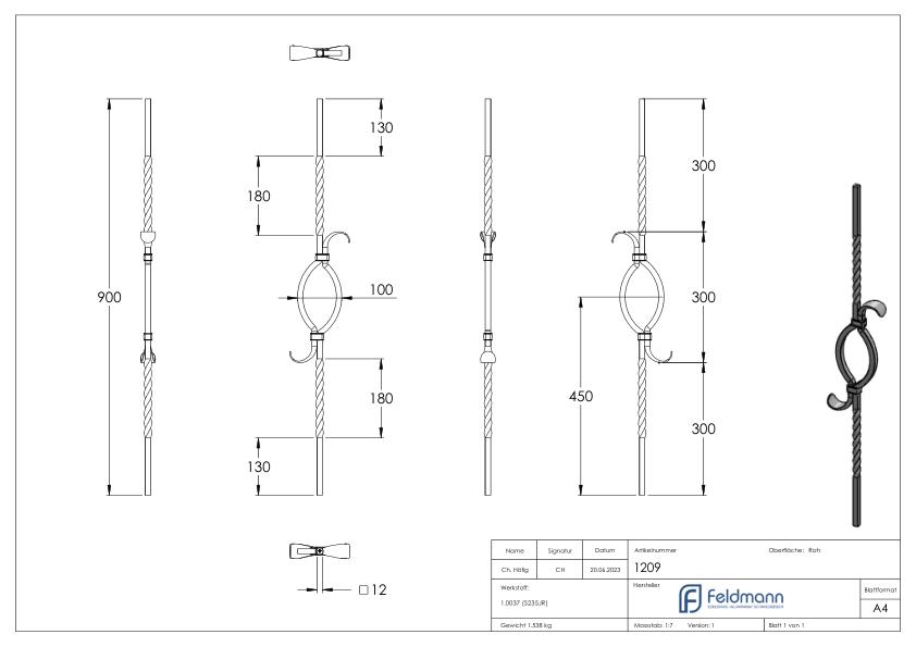 Zierstab 12x12mm, glatt, H: 900mm