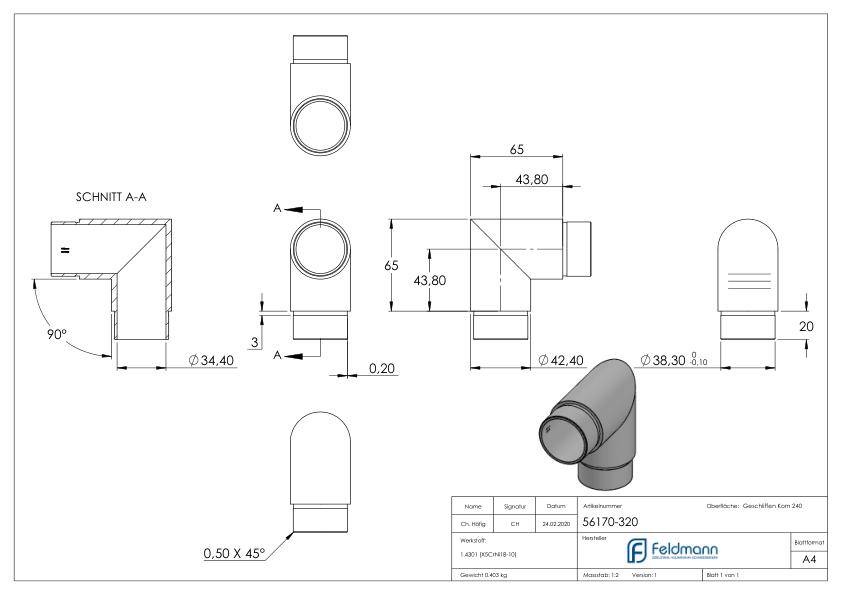 Eckstück 90°, für Rohr 42,4x2,0mm, V2A