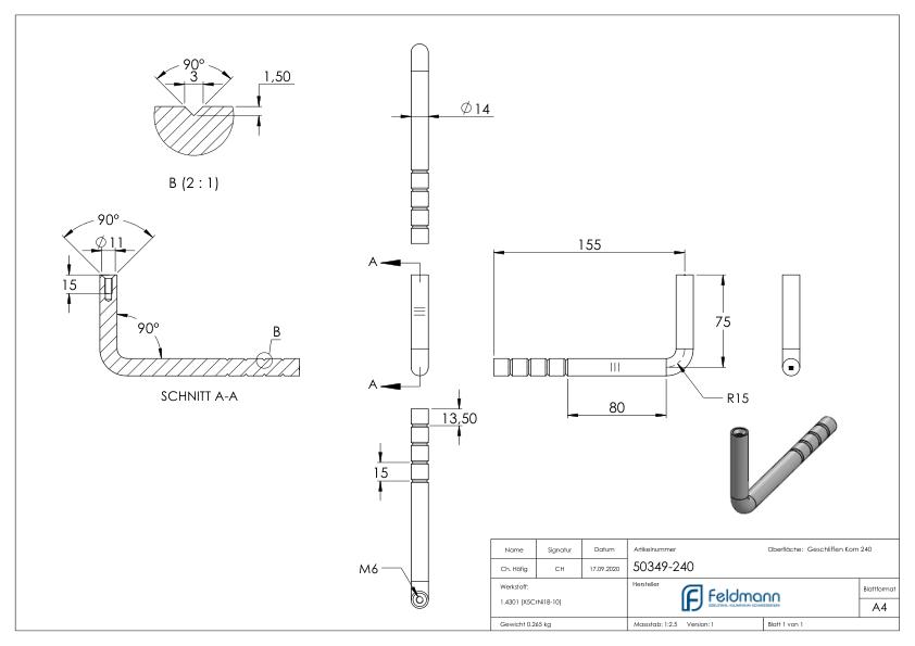 Handlaufhalter zum Einbetonieren, Bügel 14mm, V2A