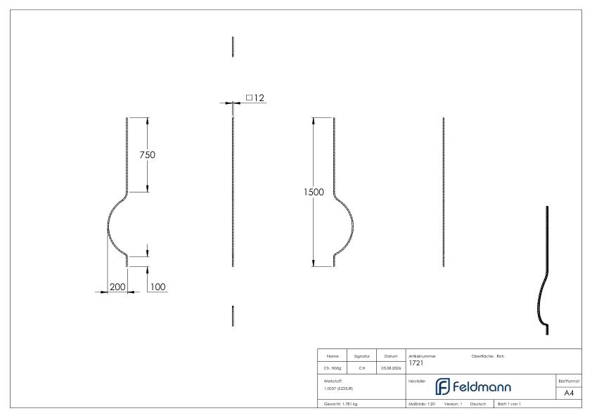 Korbgitterstab 12x12mm, gehämmert, H: 1500mm