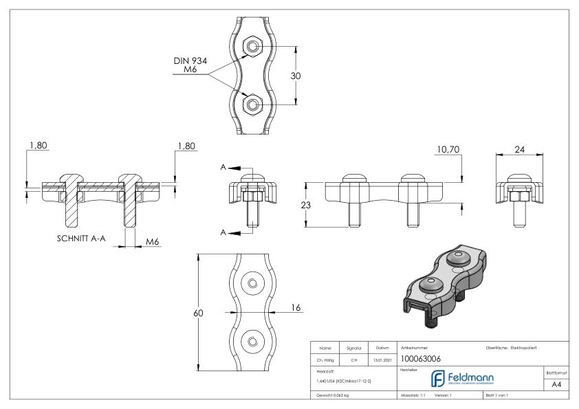 Duplexklemmen für Seil 6mm, V4A