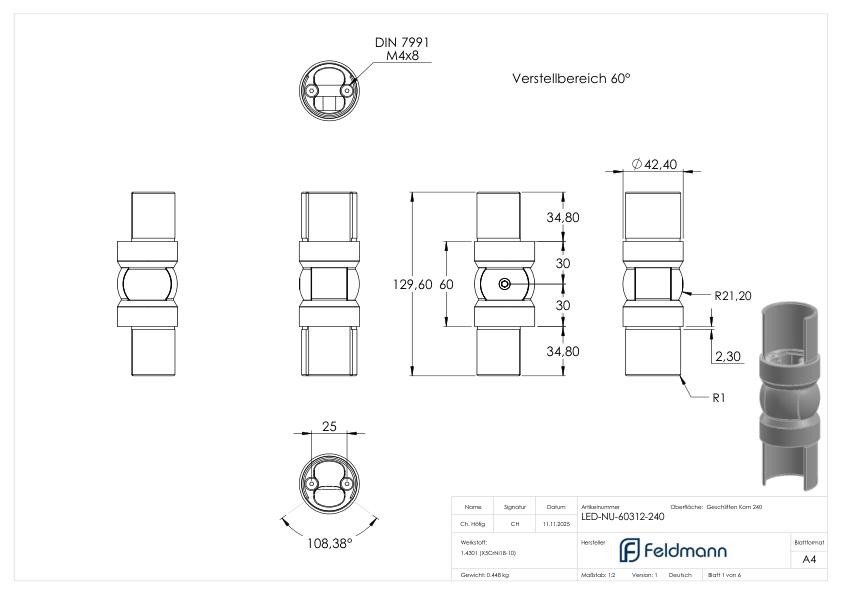 Gelenkverbinder für LED-Nutrohr 42,4mm, V2A