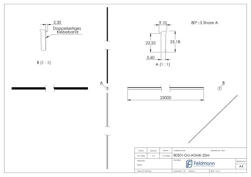 Abschlussdichtung oben, EPDM 80 shore, Länge 25m, schwarz