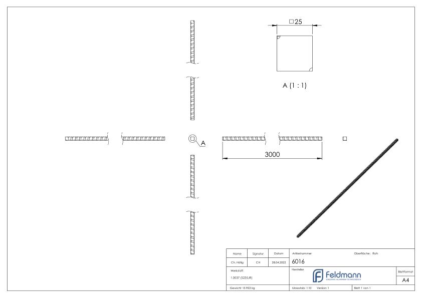 Vierkant S235JR, 25x25mm, L: 3000mm