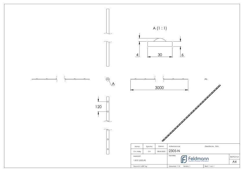 Flacheisen mit Nieten 30x6mm, L: 3000mm