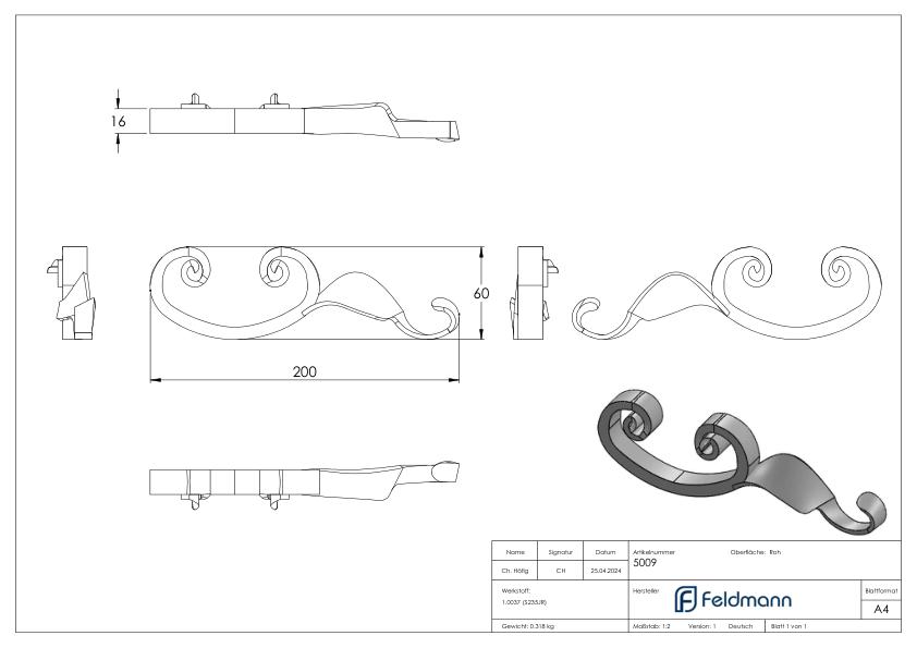C-Schnecke 16x8mm, 60x200mm, RE