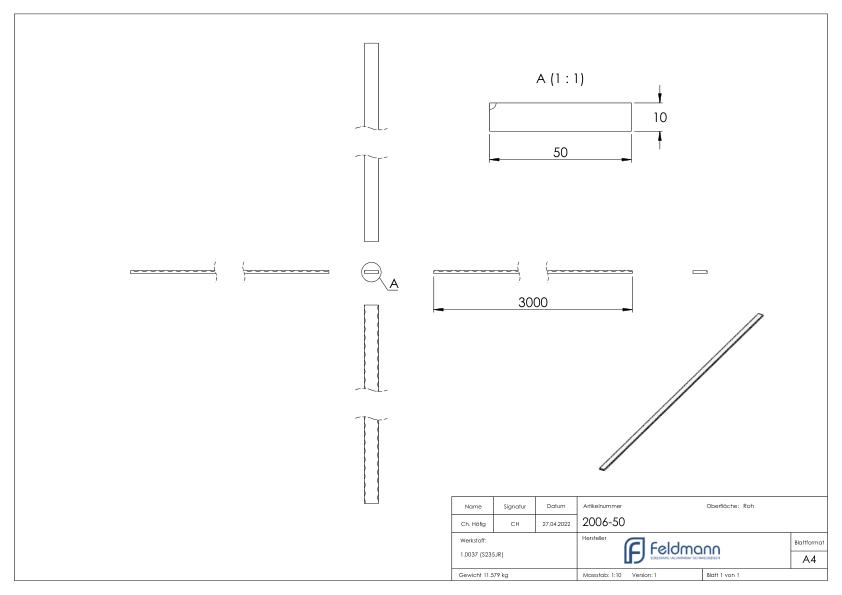 Flacheisen S235JR, 50x10mm, L: 3000mm
