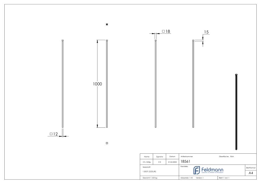 Zaunstab 12x12mm, H: 1000mm, Kopf gestaucht
