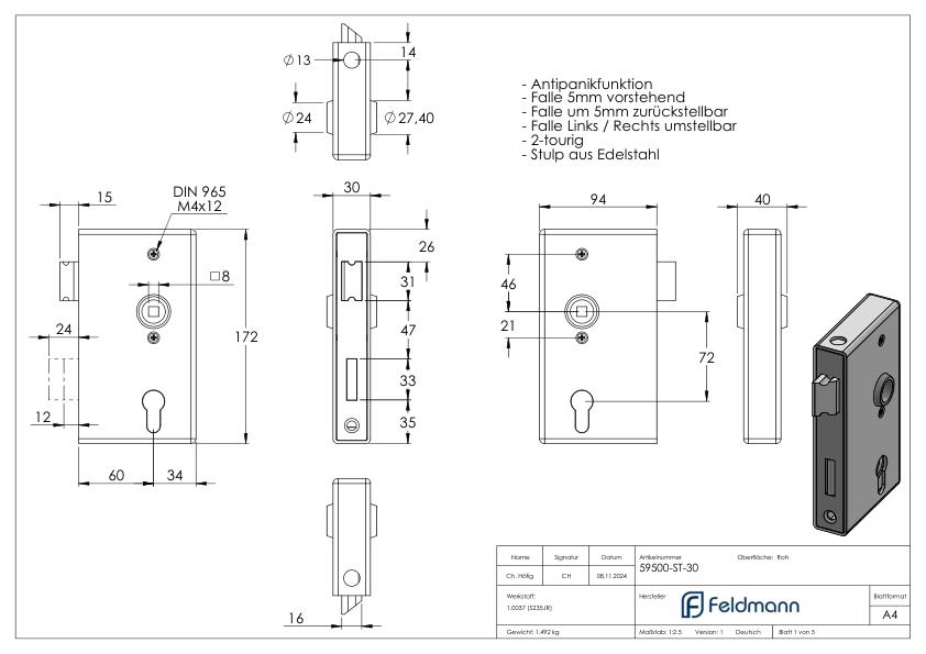 Anti-Panikschloss mit Schlosskasten 30 x 94 x 172mm, mit Wechselfunktion E, DIN R & L Anti-Panikschloss mit Schlosskasten 30 x 94 x 172mm, mit Wechselfunktion E, DIN R & L