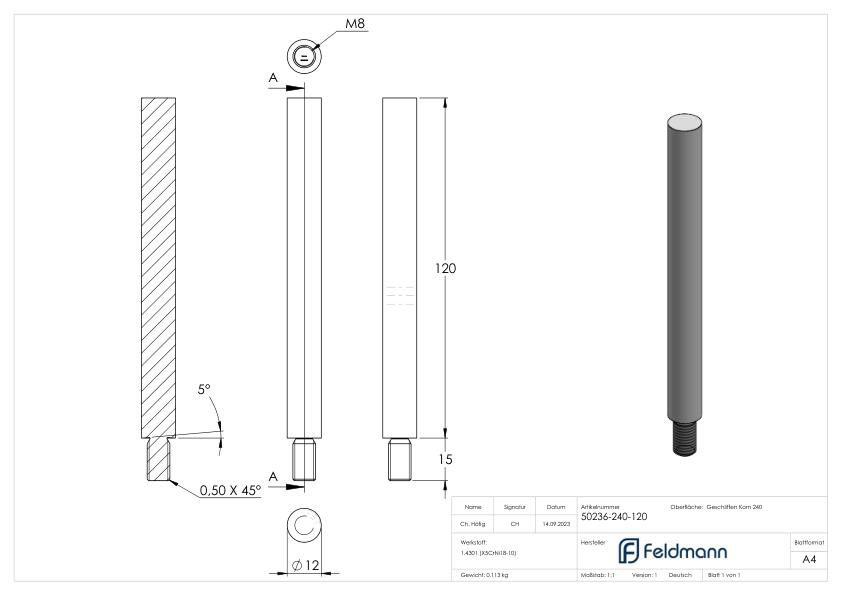 Stift Ø 12mm, L: 120mm, V2A