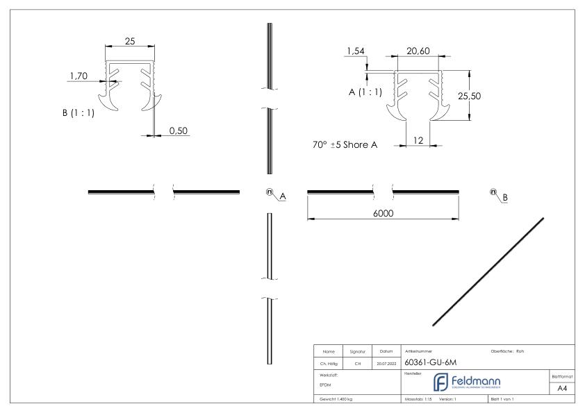 Keildichtung Glas 11,52 - 13,52mm, für Nut 24x24mm, 6m