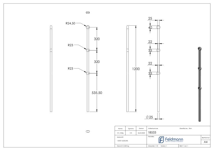 Pfosten aus 25mm rund, H: 1200mm, 3x gelocht