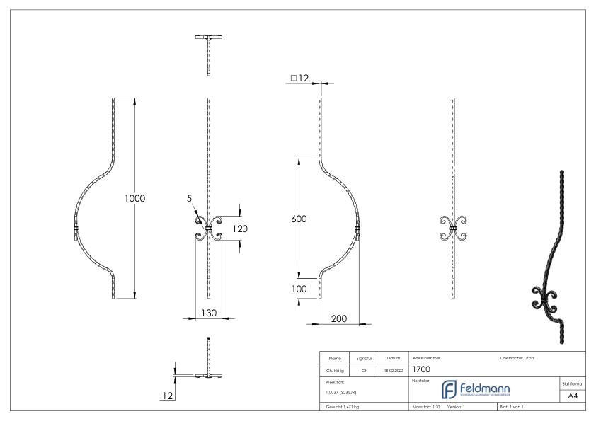 Korbgitterstab 12x12mm, gehämmert, H: 1000mm