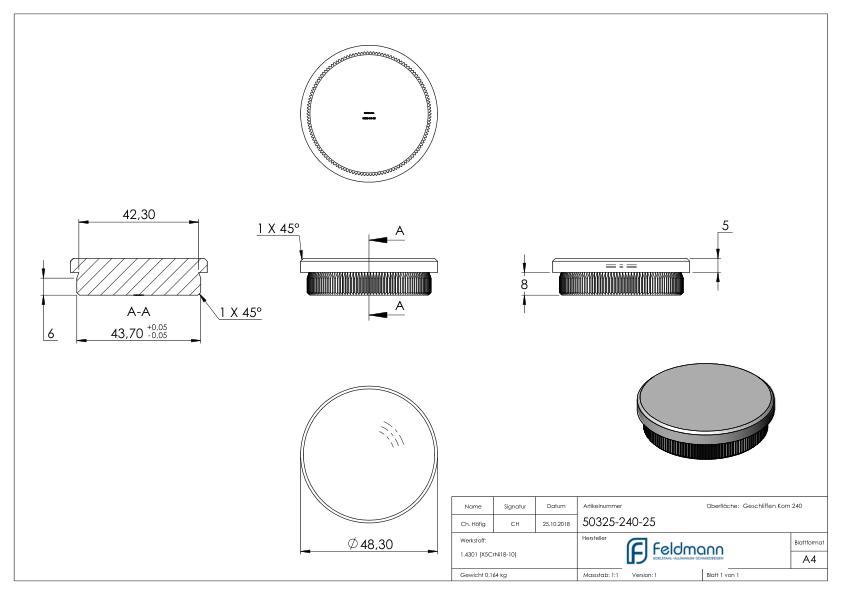 Rohrabschlussstopfen, für Rohr 48,3x2,5mm, V2A