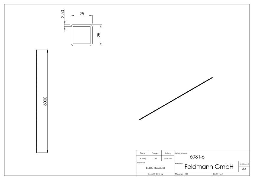 Quadratrohr 25x25x2,5mm, L: 6000mm, gehämmert
