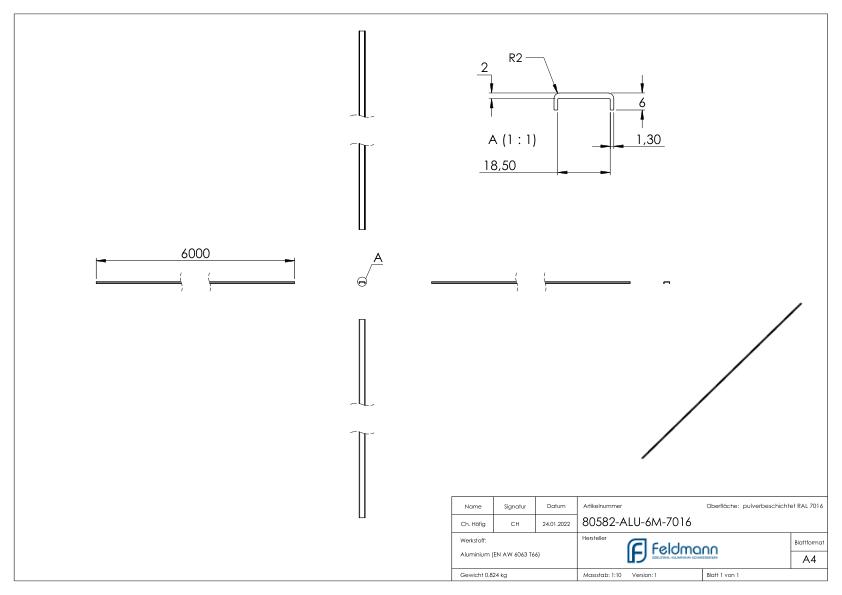 Kantenschutz EXTRA SLIM, für Glas 16,00 - 17,52mm, L: 6000mm, Aluminium RAL 7016