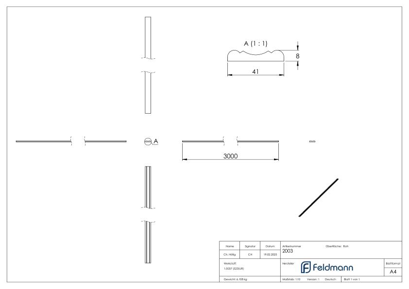 Handlauf S235JR, 40x8mm, L: 3000mm