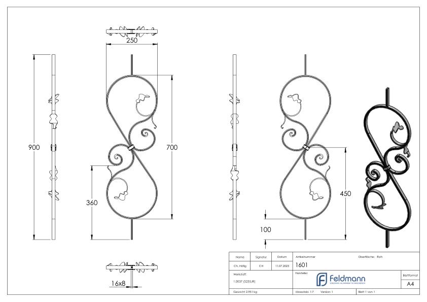 Zierstab 16x8mm, gerillt, Barock, H: 900mm