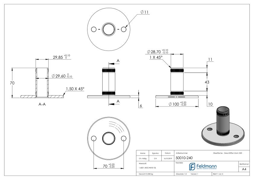 Wand- und Bodenanker mit Rändelung, für Rohr 33,7x2,0mm, V2A