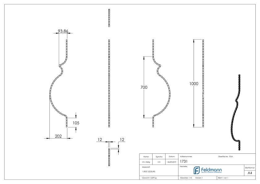 Korbgitterstab 12x12mm, gehämmert, H: 1000mm