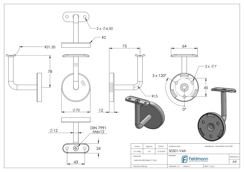 Handlaufhalter mit Handlaufanschlussplatte und Abdeckrosette (Ronde und Bügel verschweißt), V4A