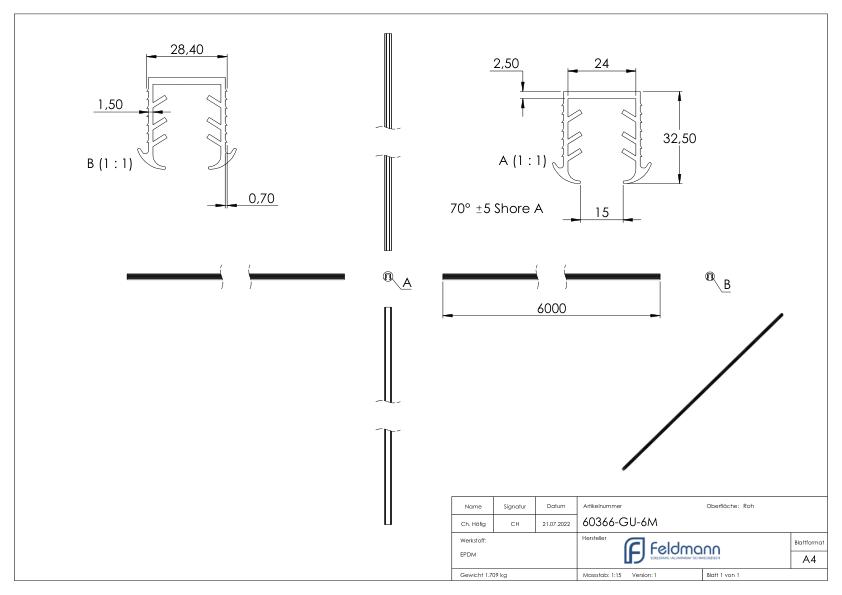 Keildichtung Glas 16,76 – 17,52mm, für Nut 27x30mm, 6m