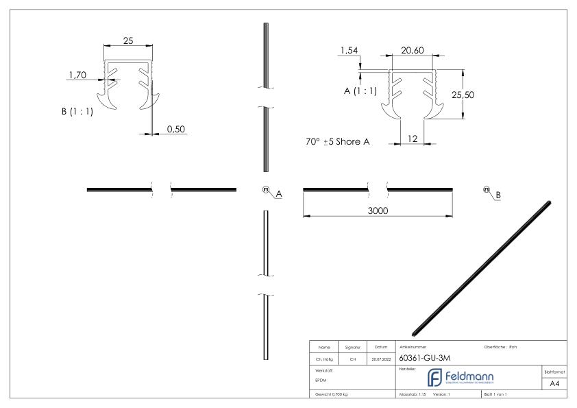 Keildichtung Glas 11,52 - 13,52mm, für Nut 24x24mm, 3m