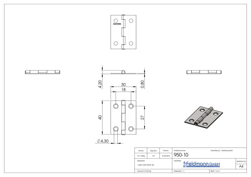 Edelstahl-Scharnier 40x30mm mit festem Zapfen