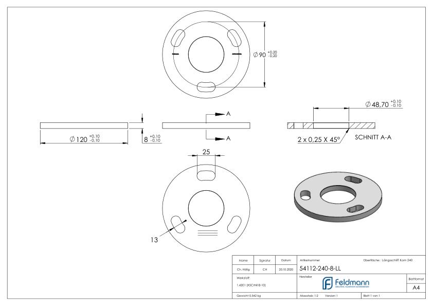 Ankerplatte Ø 120x8mm, mit Längsschliff, V2A