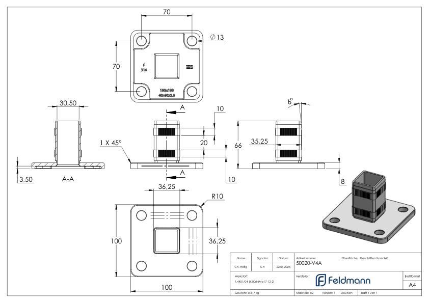 Wand- und Bodenanker mit Rändelung, für Rohr 40x40x2,0mm, V4A