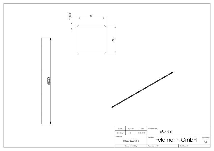 Quadratrohr 40x40x2,5mm, L: 6000mm, gehämmert