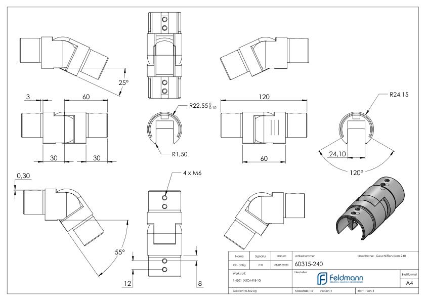 Verbinder flexibel für Nutrohr 48,3mm, V2A