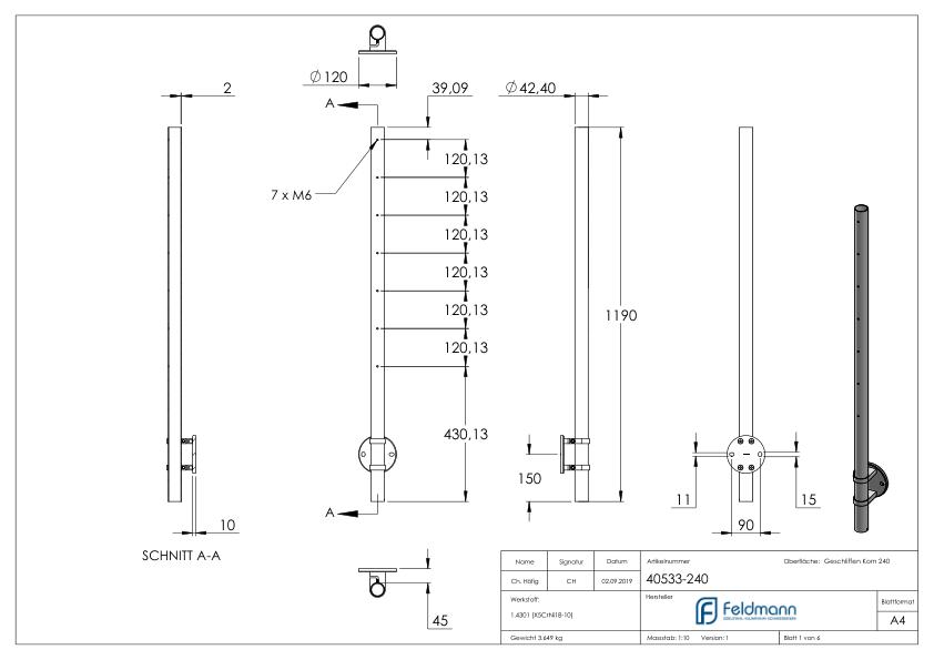 Edelstahlpfosten V2A zur Wandmontage, H: 1190mm