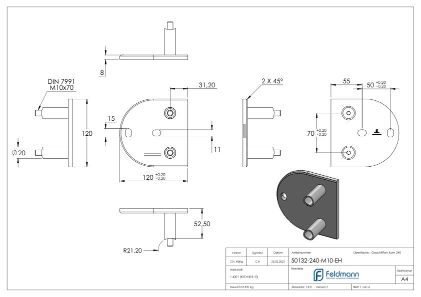 Wandbefestigung für Geländerpfosten 42,4mm