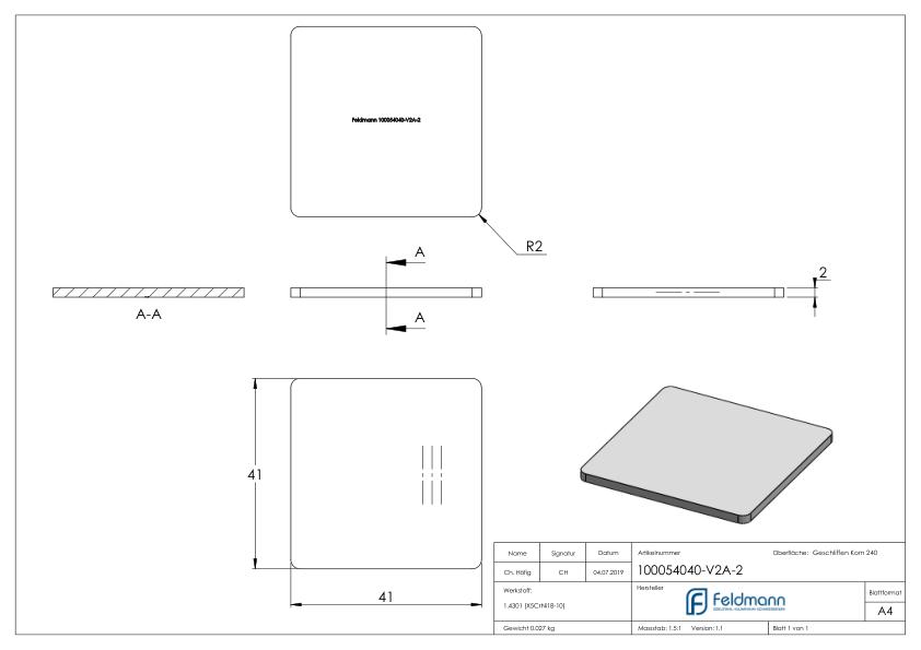 Platte zum Anschweißen für Rohr 40x40, V2A