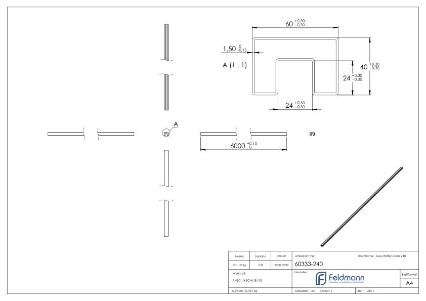 Rechtecknutrohr, 60x40x1,5 mm, L: 6000mm, V2A