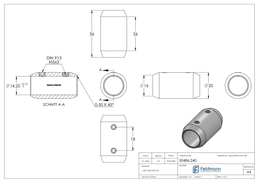 Stabverbinder für 14mm Rund, L: 36mm, Ø 20mm, V2A