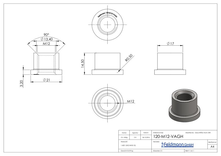 Gewindehülse, passend zu Torband 120-M12-VA , V2A